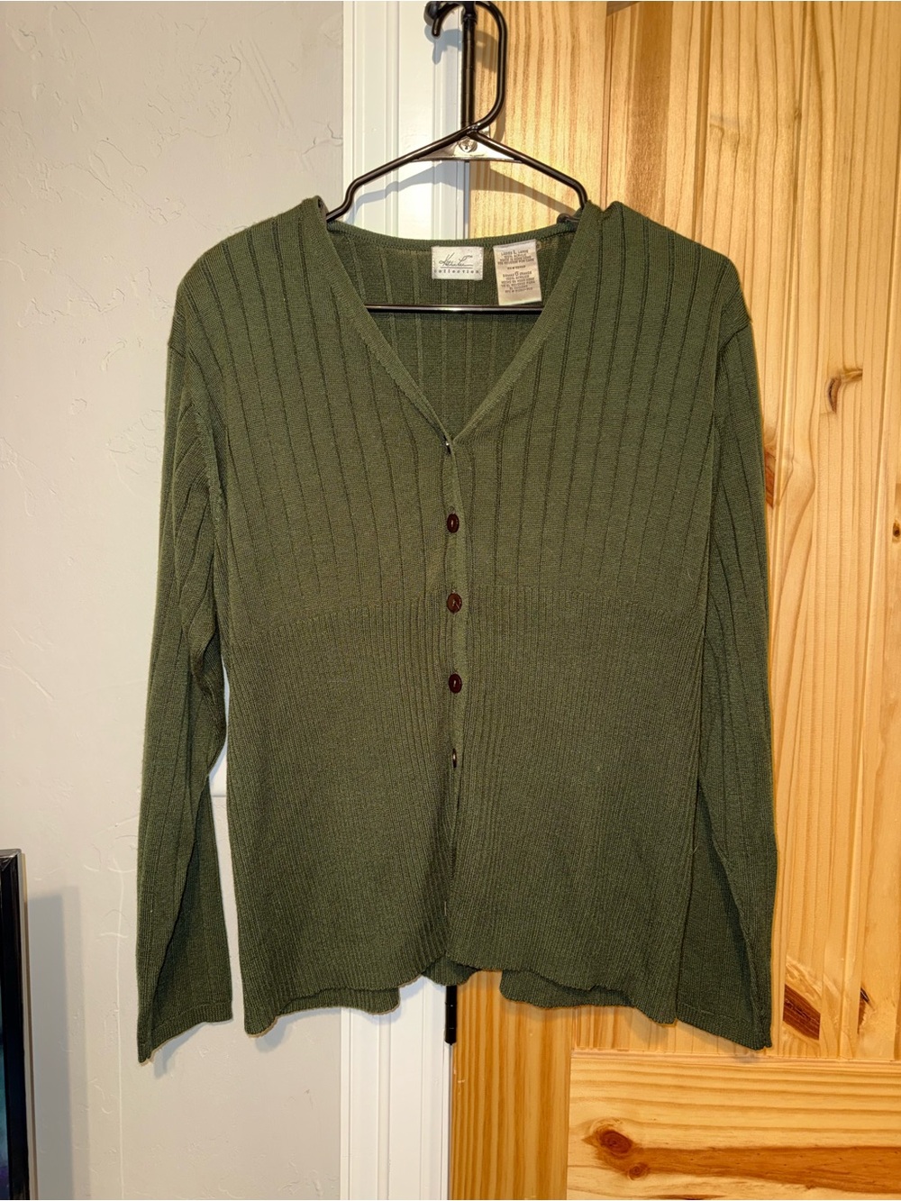 Kathie Lee Collection Olive Green Ribbed V-Neck Button Cardigan